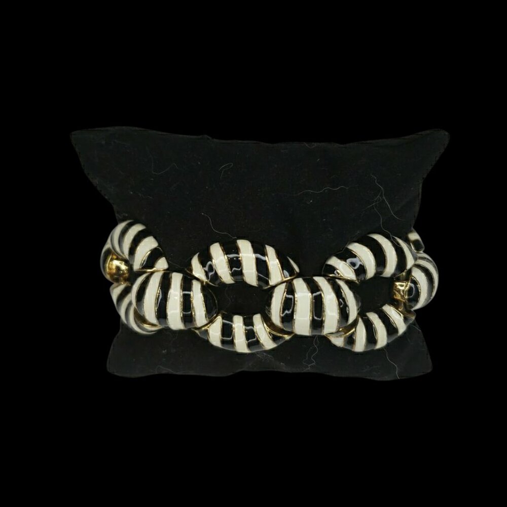 Vintage Enamel Gold Tone Black and White Stripped Bracelet Statement Piece